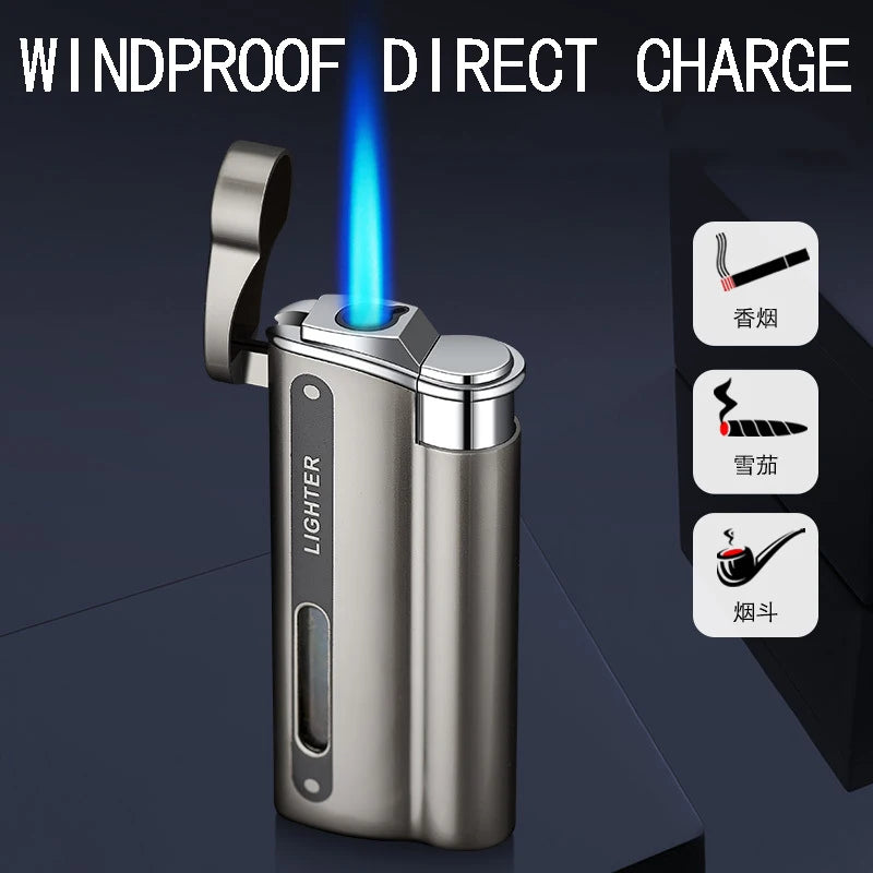 DK7701 encendedor de metal galvanizado, llama azul directa, a prueba de viento, encendedor de cigarrillos